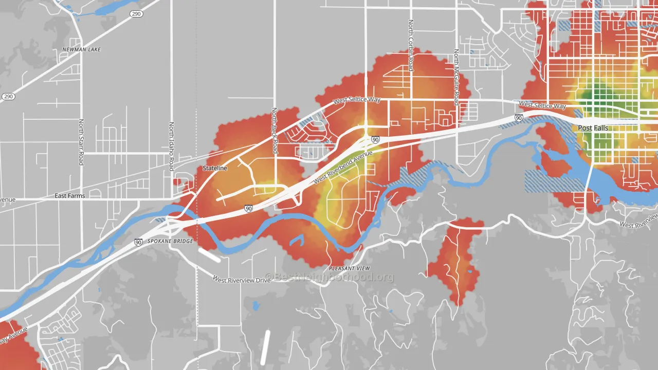Walk Grade map of State Line, ID, walkable areas in green and car-dependent areas in red