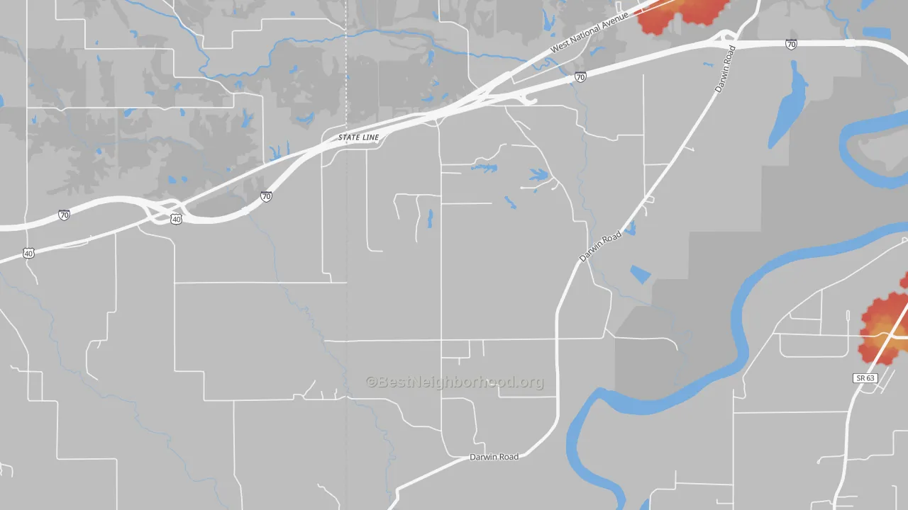 Walk Grade map of State Line, IN, walkable areas in green and car-dependent areas in red