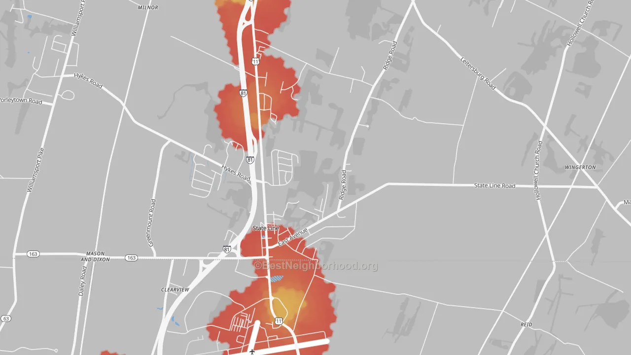 Walk Grade map of State Line, PA, walkable areas in green and car-dependent areas in red