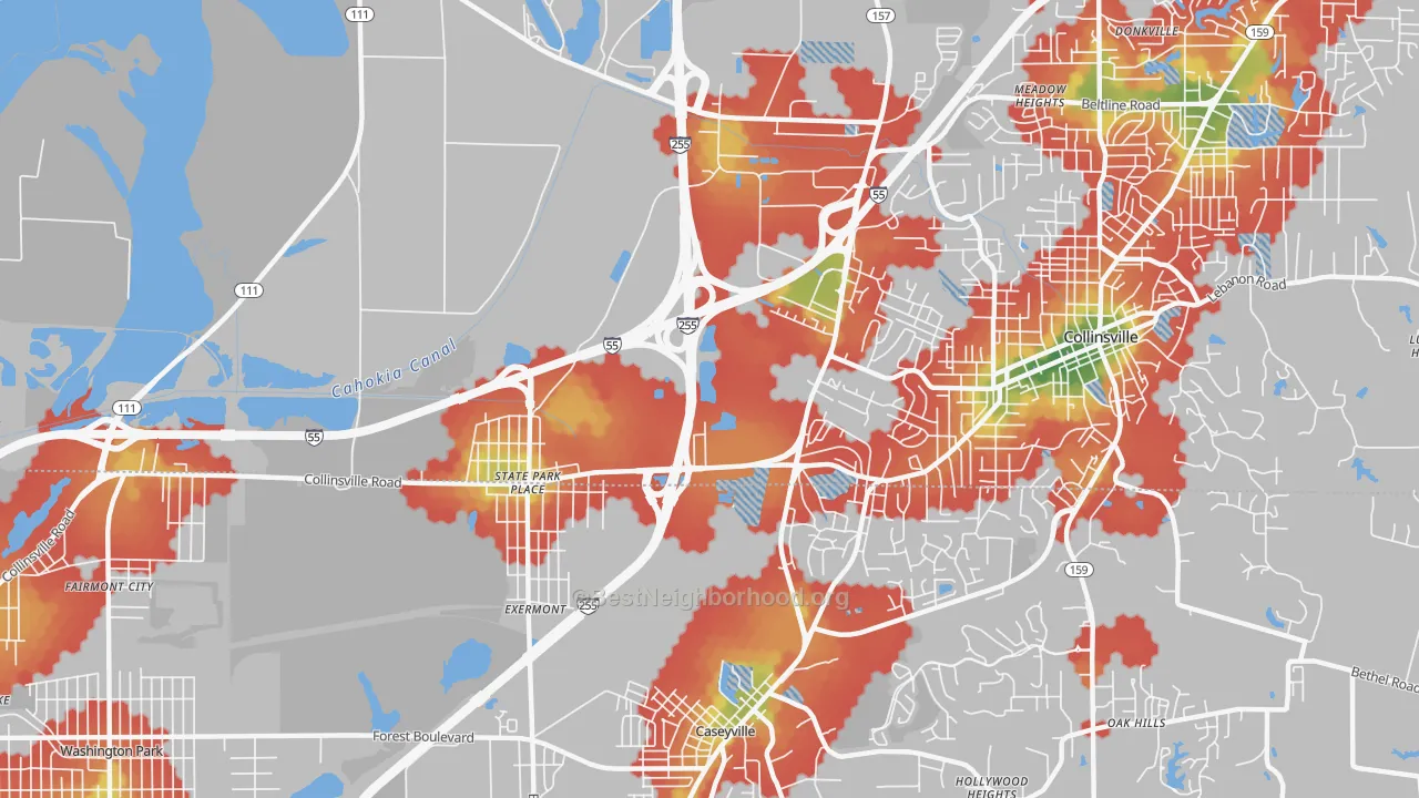 Walk Grade map of State Park Place, IL, walkable areas in green and car-dependent areas in red