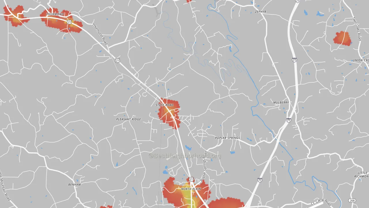 Walk Grade map of State Road, NC, walkable areas in green and car-dependent areas in red