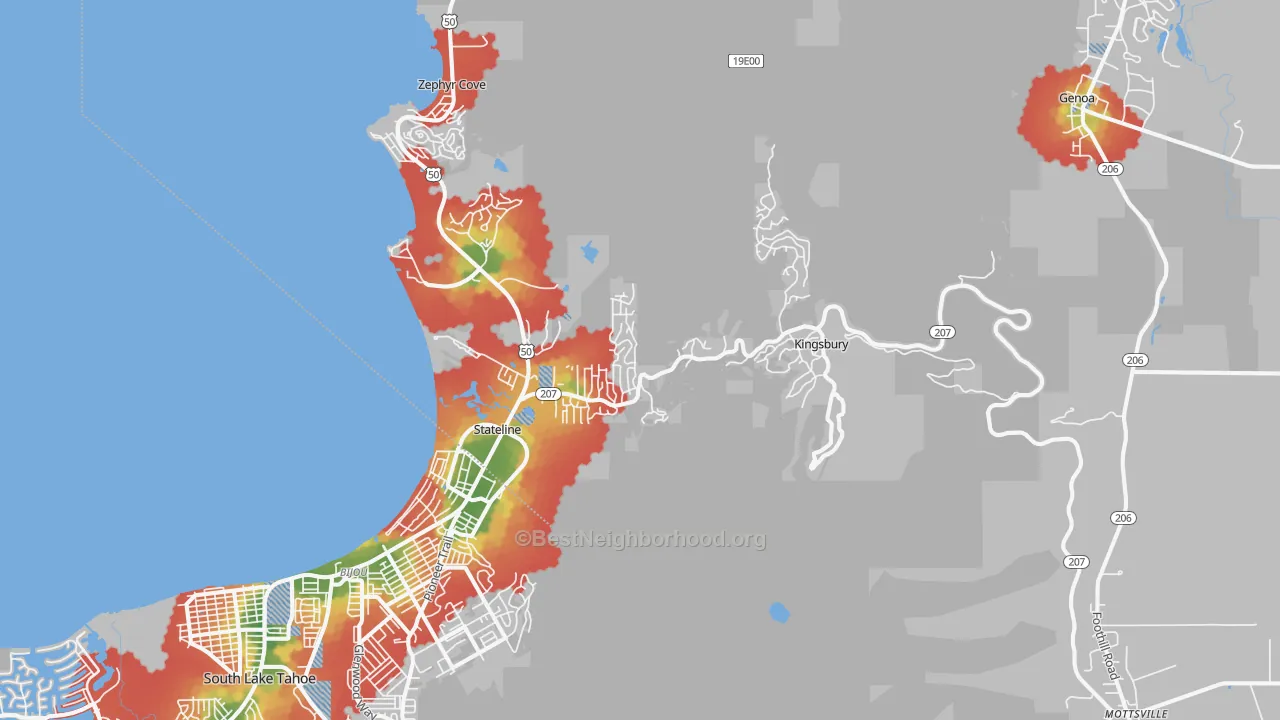 Walk Grade map of Stateline, NV, walkable areas in green and car-dependent areas in red