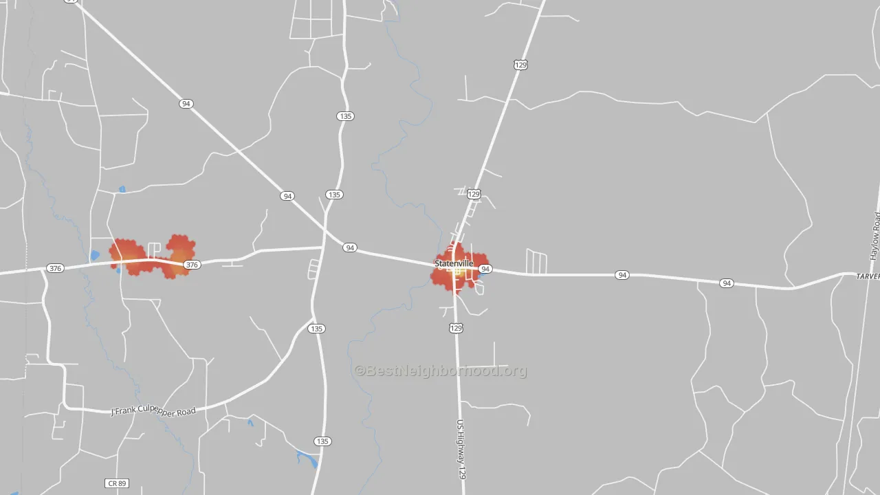 Walk Grade map of Statenville, GA, walkable areas in green and car-dependent areas in red