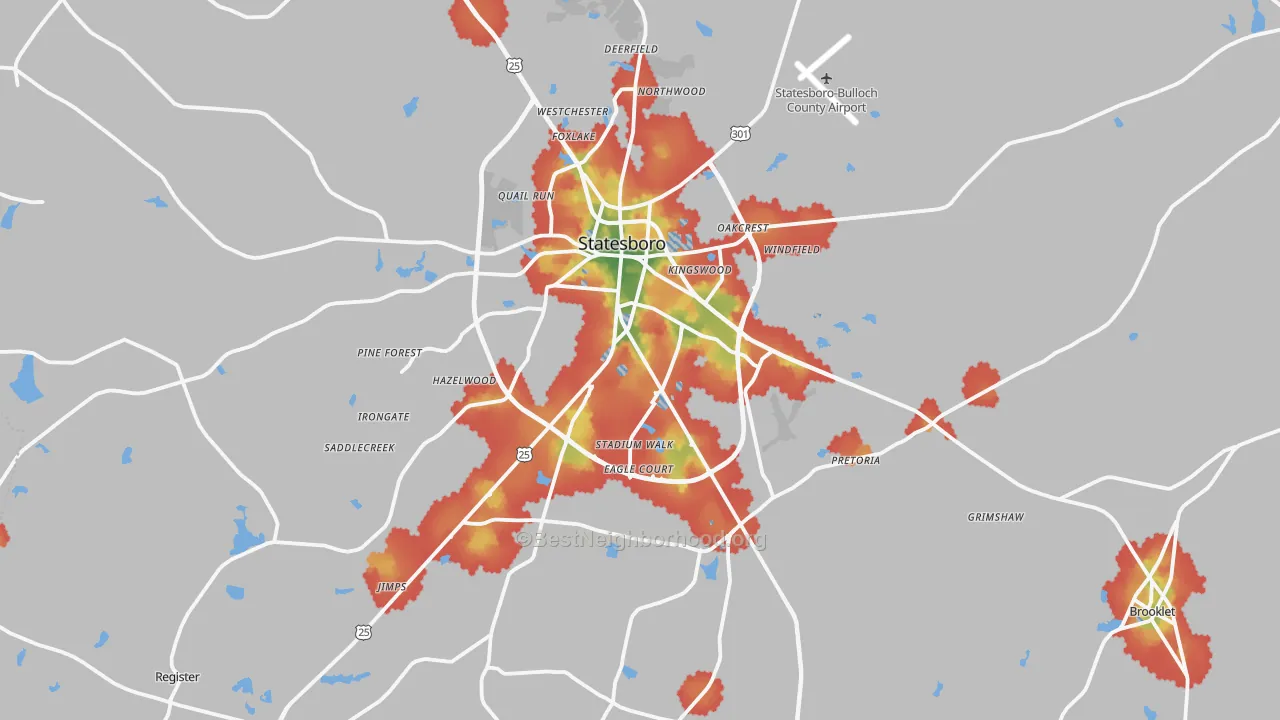 Walk Grade map of Statesboro, GA, walkable areas in green and car-dependent areas in red