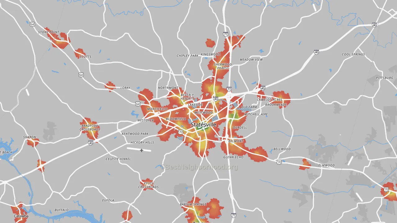 Walk Grade map of Statesville, NC, walkable areas in green and car-dependent areas in red
