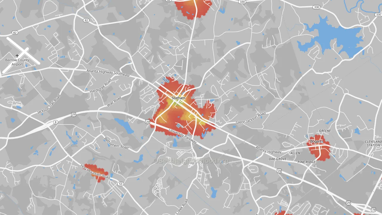 Walk Grade map of Statham, GA, walkable areas in green and car-dependent areas in red