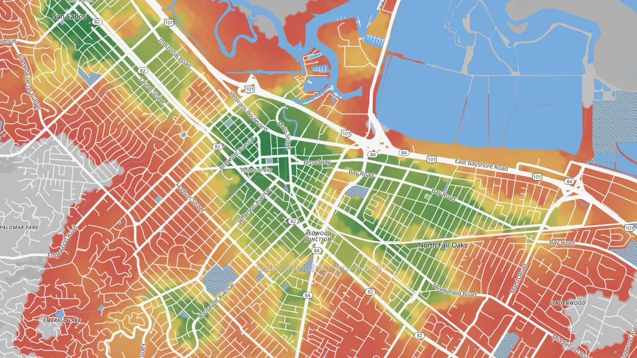 Walk Grade map of Staumbaugh Heller, Redwood City, CA, walkable areas in green and car-dependent areas in red
