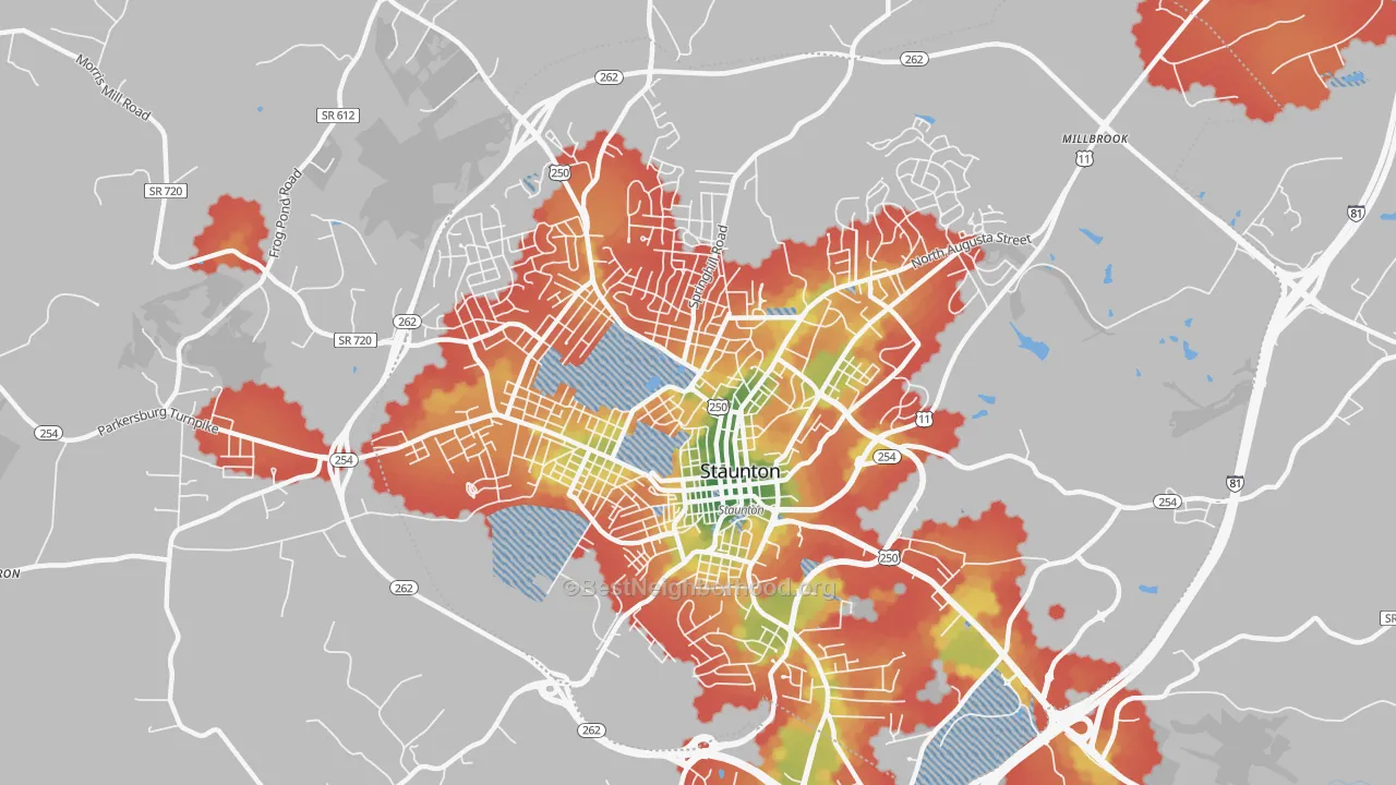 Walk Grade map of Staunton City, VA, walkable areas in green and car-dependent areas in red