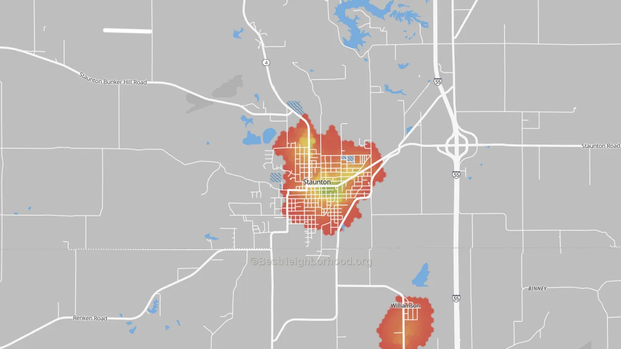 Walk Grade map of Staunton, IL, walkable areas in green and car-dependent areas in red