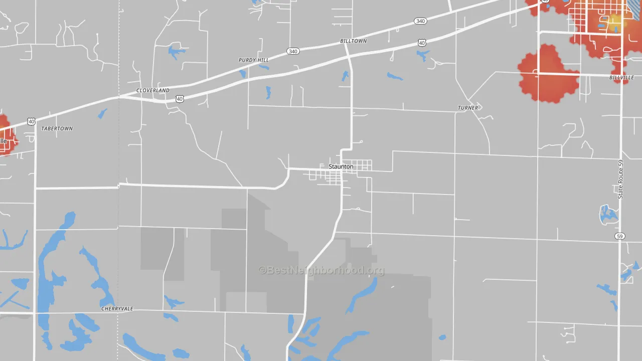 Walk Grade map of Staunton, IN, walkable areas in green and car-dependent areas in red