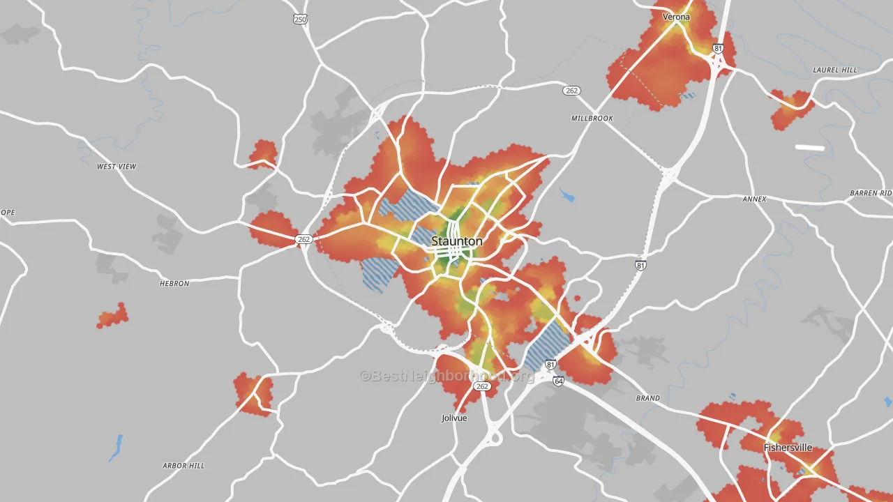 Walk Grade map of Staunton, VA, walkable areas in green and car-dependent areas in red