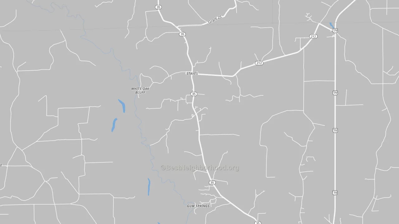 Walk Grade map of Staves, AR, walkable areas in green and car-dependent areas in red