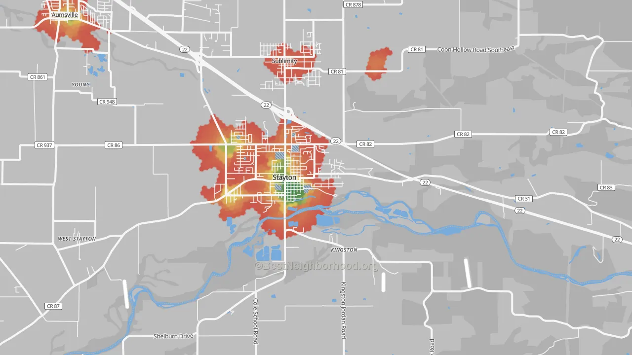 Walk Grade map of Stayton, OR, walkable areas in green and car-dependent areas in red