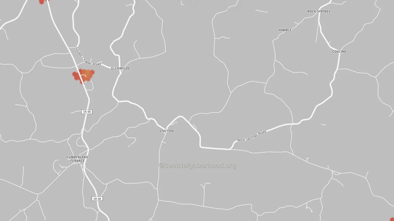 Walk Grade map of Stayton, TN, walkable areas in green and car-dependent areas in red