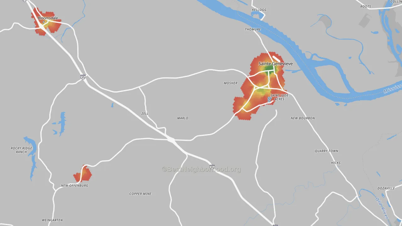 Walk Grade map of Ste. Genevieve, MO, walkable areas in green and car-dependent areas in red