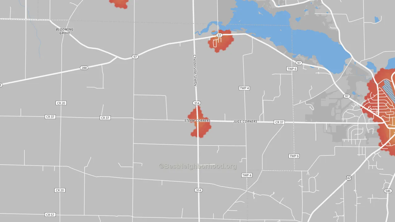 Walk Grade map of Steam Corners, OH, walkable areas in green and car-dependent areas in red