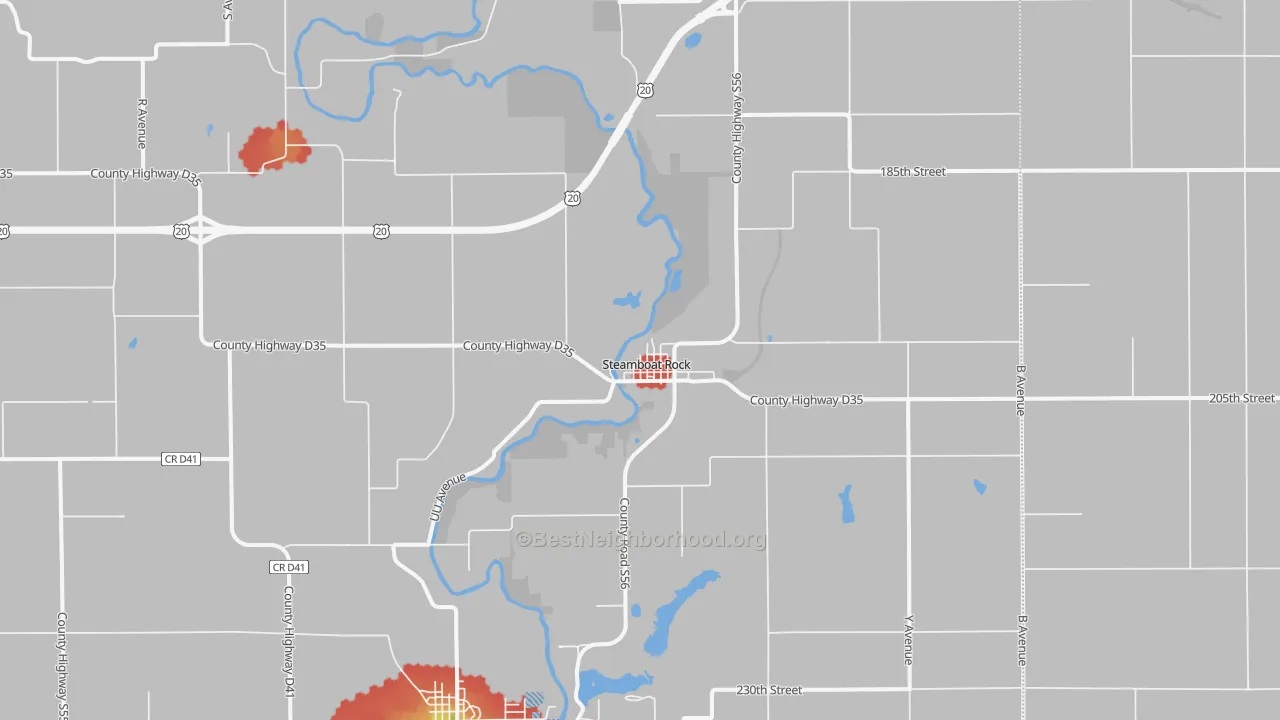 Walk Grade map of Steamboat Rock, IA, walkable areas in green and car-dependent areas in red