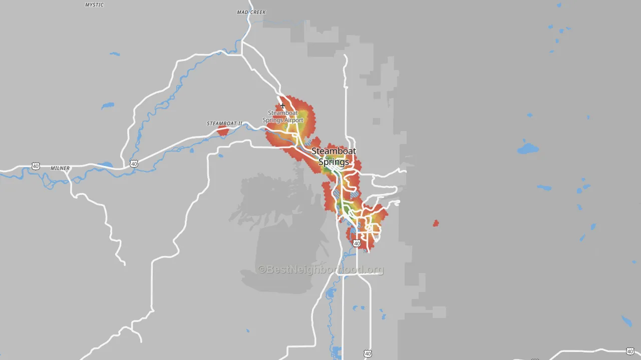 Walk Grade map of Steamboat Springs, CO, walkable areas in green and car-dependent areas in red