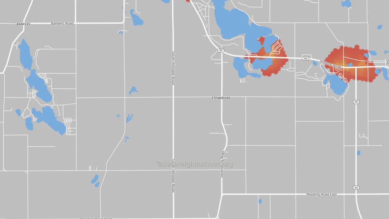 Walk Grade map of Steamburg, MI, walkable areas in green and car-dependent areas in red