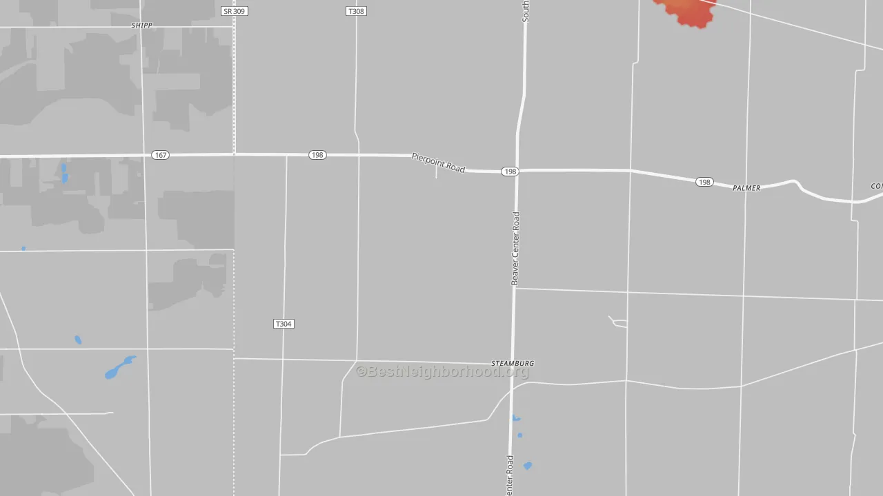 Walk Grade map of Steamburg, PA, walkable areas in green and car-dependent areas in red