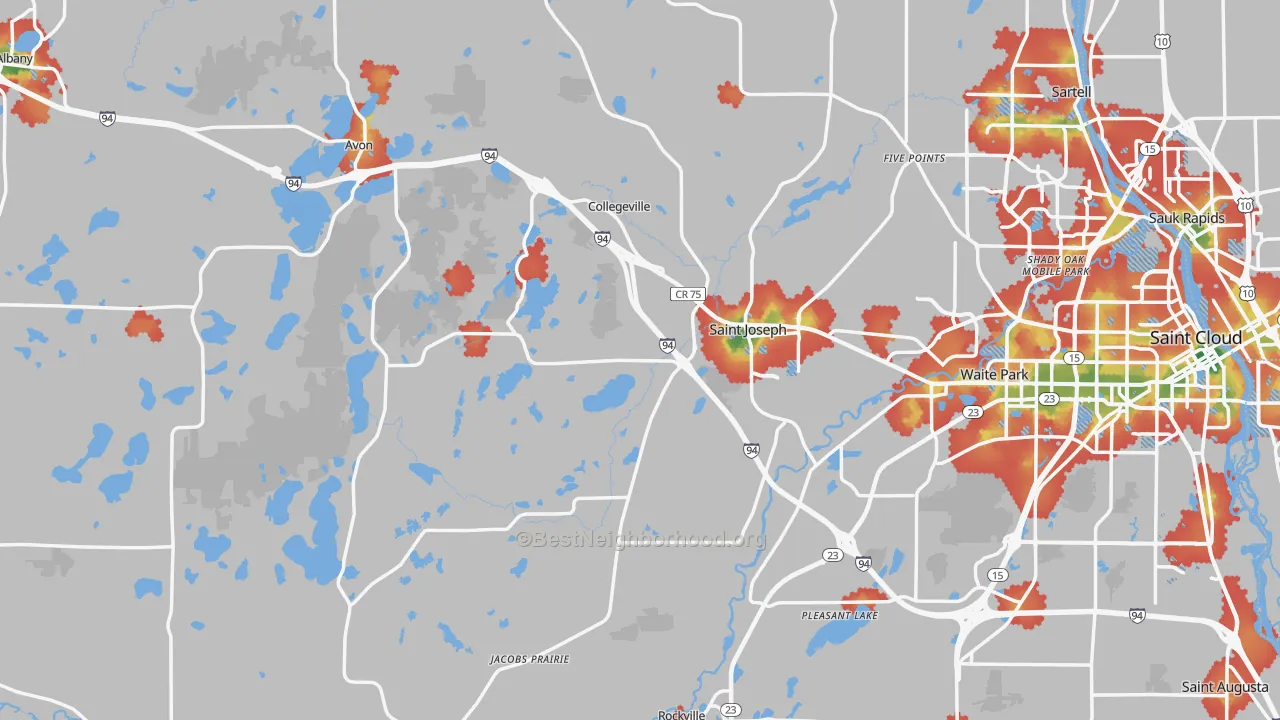 Walk Grade map of Stearns County, MN, walkable areas in green and car-dependent areas in red