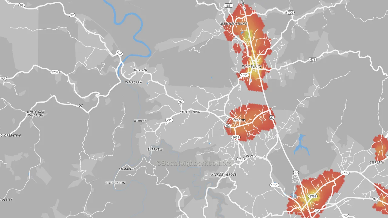 Walk Grade map of Stearns, KY, walkable areas in green and car-dependent areas in red