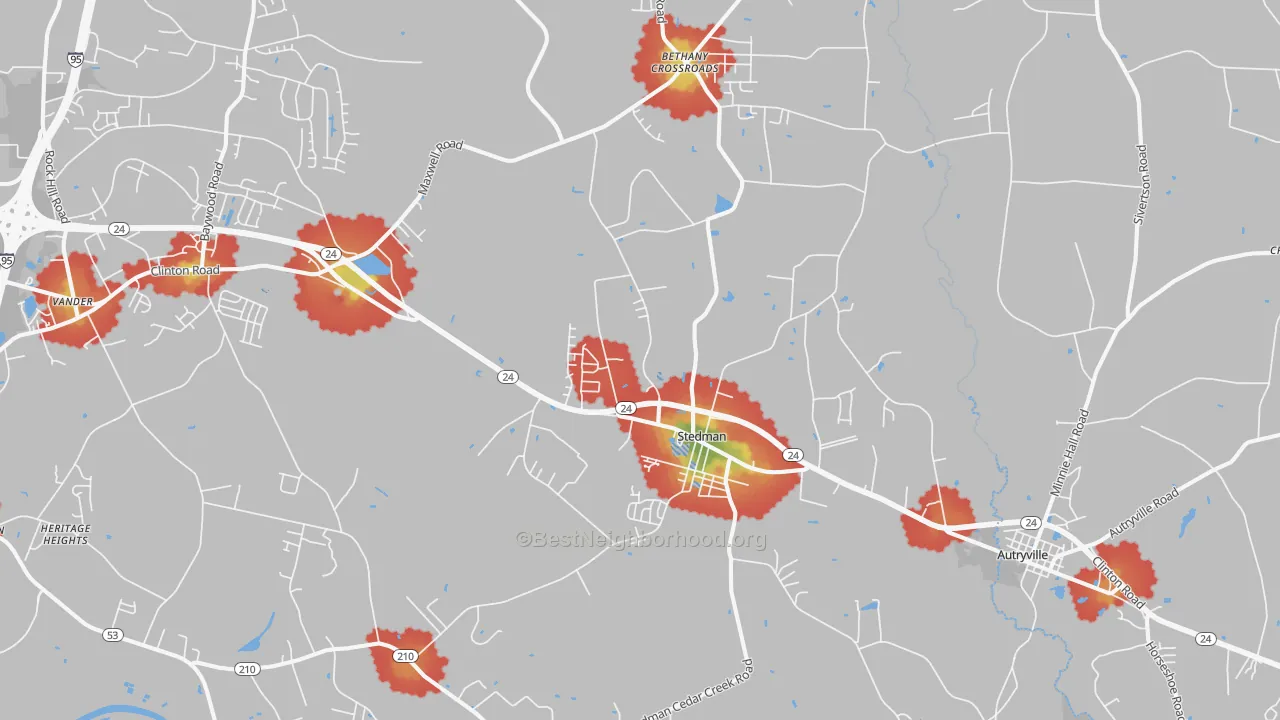 Walk Grade map of Stedman, NC, walkable areas in green and car-dependent areas in red