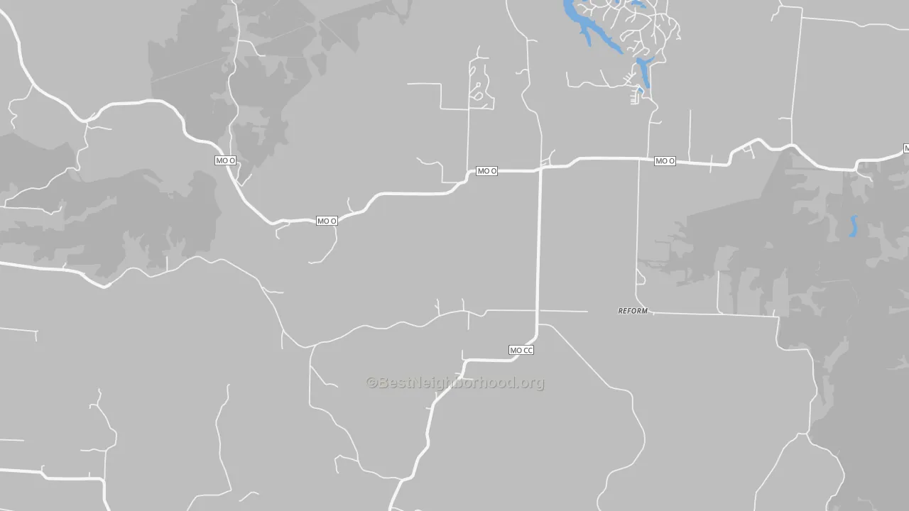 Walk Grade map of Steedman, MO, walkable areas in green and car-dependent areas in red