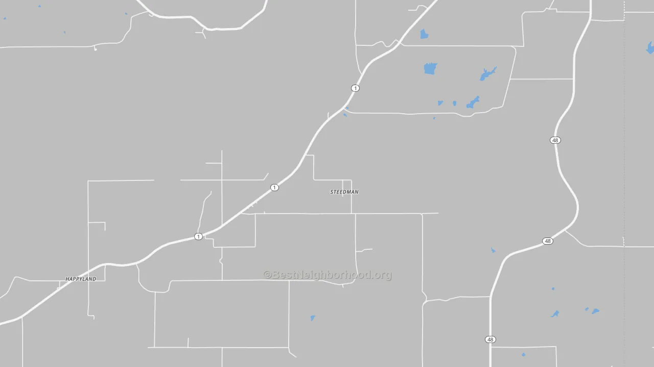 Walk Grade map of Steedman, OK, walkable areas in green and car-dependent areas in red