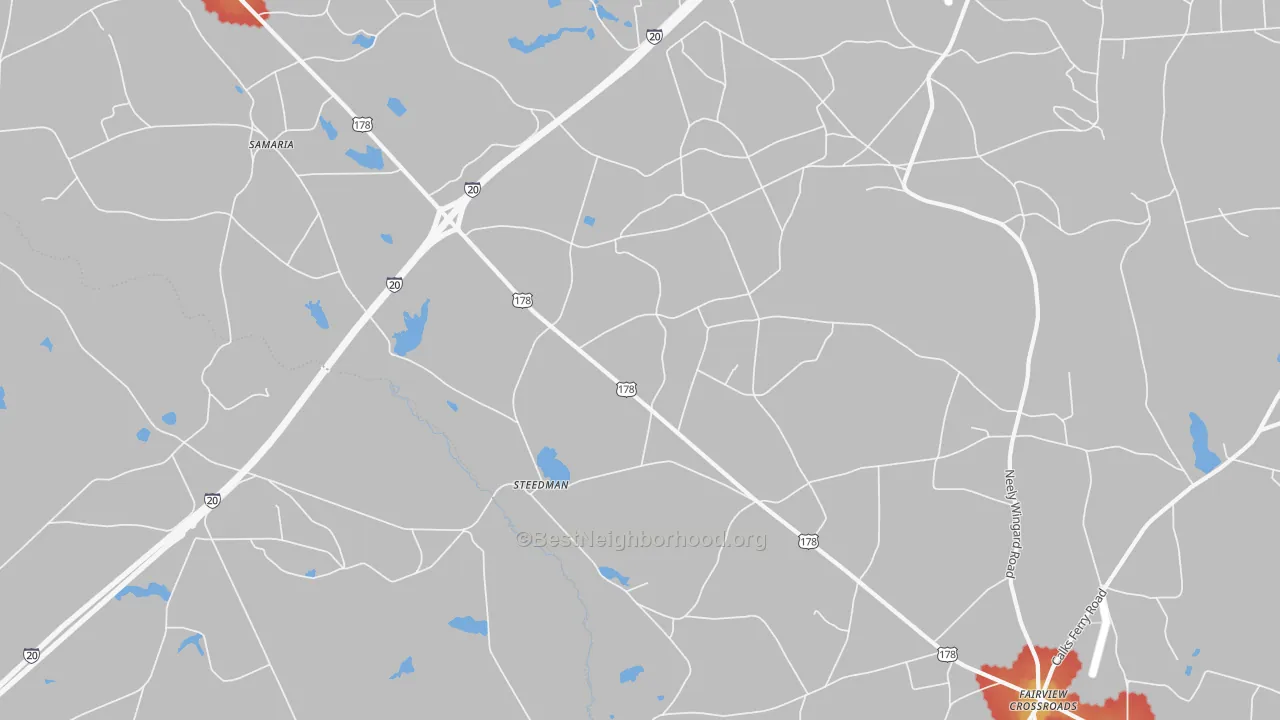 Walk Grade map of Steedman, SC, walkable areas in green and car-dependent areas in red