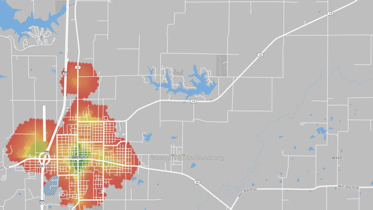 Walk Grade map of Steel City, IL, walkable areas in green and car-dependent areas in red
