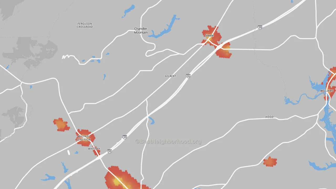 Walk Grade map of Steele, AL, walkable areas in green and car-dependent areas in red