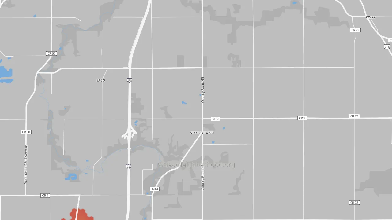 Walk Grade map of Steele Center, MN, walkable areas in green and car-dependent areas in red