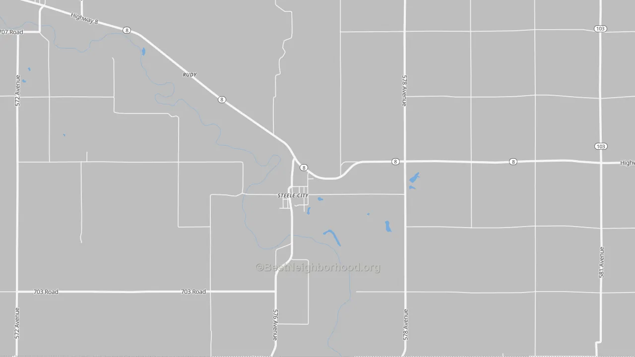 Walk Grade map of Steele City, NE, walkable areas in green and car-dependent areas in red