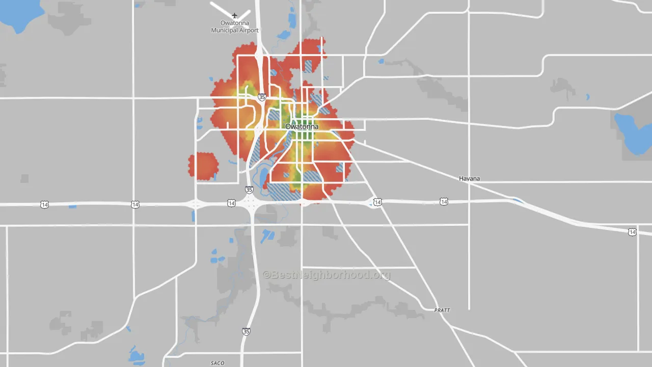 Walk Grade map of Steele County, MN, walkable areas in green and car-dependent areas in red