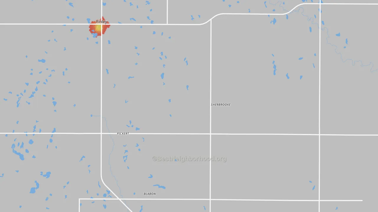 Walk Grade map of Steele County, ND, walkable areas in green and car-dependent areas in red