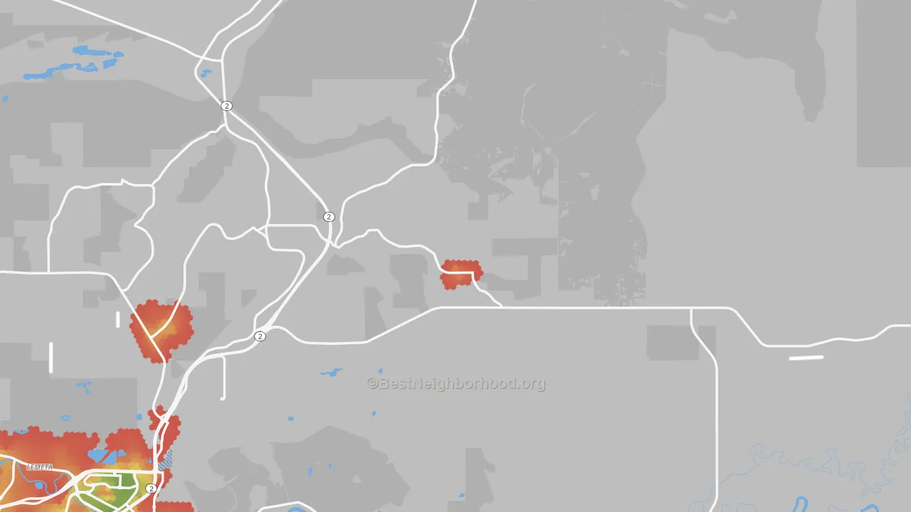 Walk Grade map of Steele Creek, AK, walkable areas in green and car-dependent areas in red