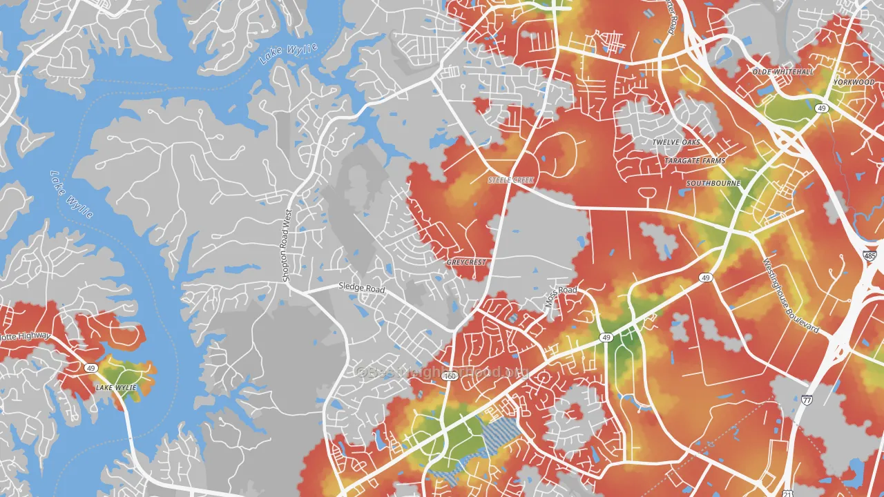 Walk Grade map of Steele Creek, Charlotte, NC, walkable areas in green and car-dependent areas in red
