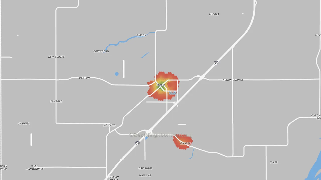 Walk Grade map of Steele, MO, walkable areas in green and car-dependent areas in red