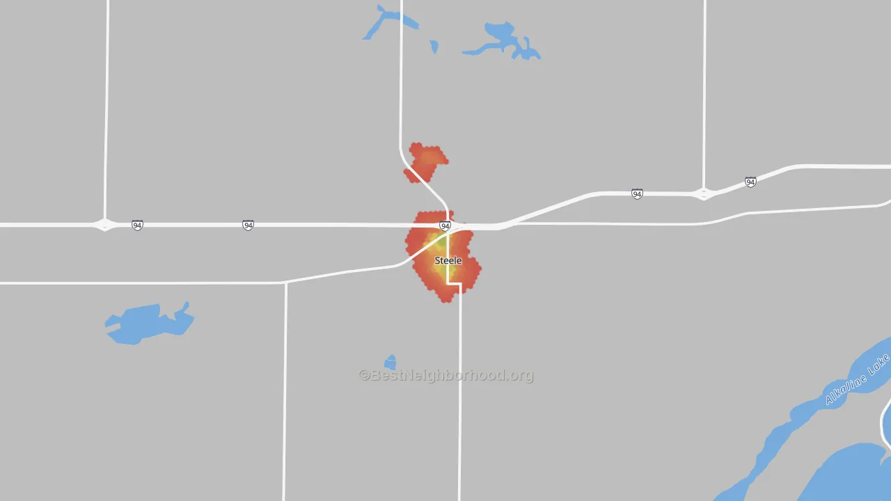 Walk Grade map of Steele, ND, walkable areas in green and car-dependent areas in red