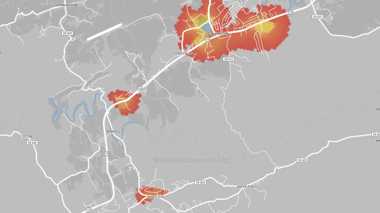 Walk Grade map of Steeleburg, VA, walkable areas in green and car-dependent areas in red