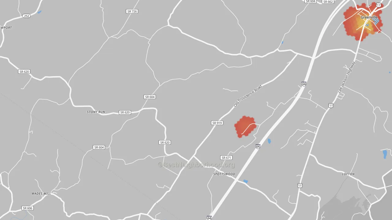 Walk Grade map of Steeles Tavern, VA, walkable areas in green and car-dependent areas in red