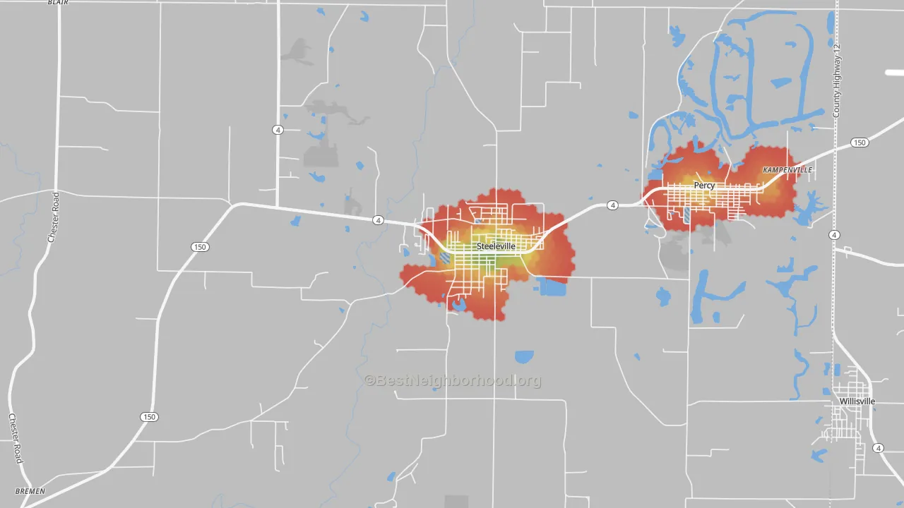 Walk Grade map of Steeleville, IL, walkable areas in green and car-dependent areas in red