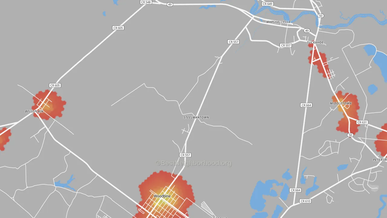 Walk Grade map of Steelmantown, NJ, walkable areas in green and car-dependent areas in red