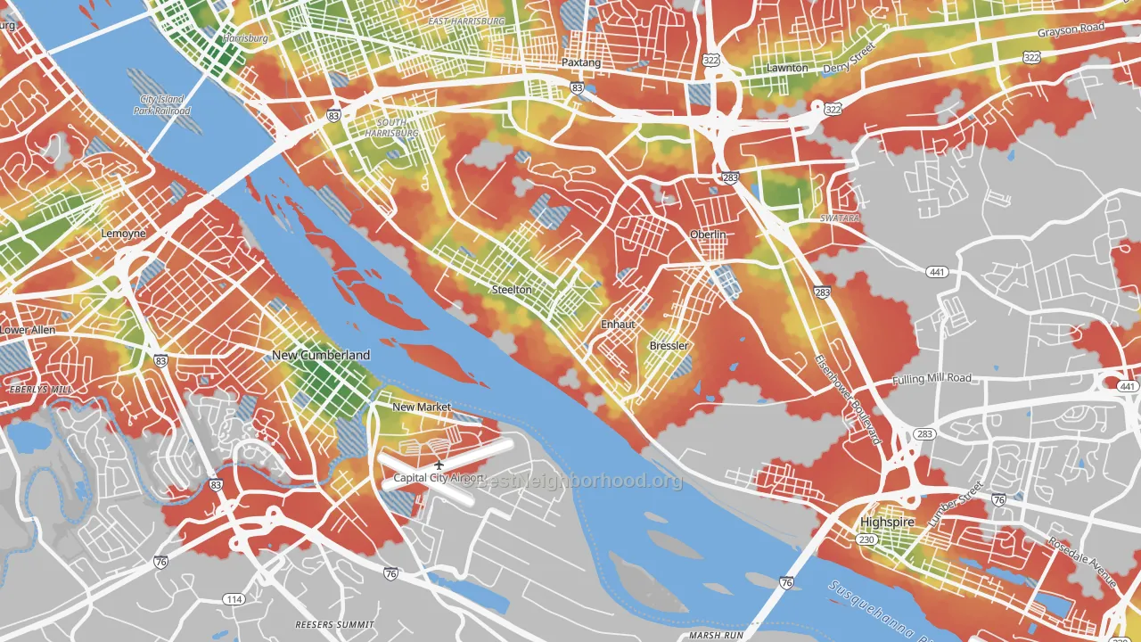 Walk Grade map of Steelton, PA, walkable areas in green and car-dependent areas in red