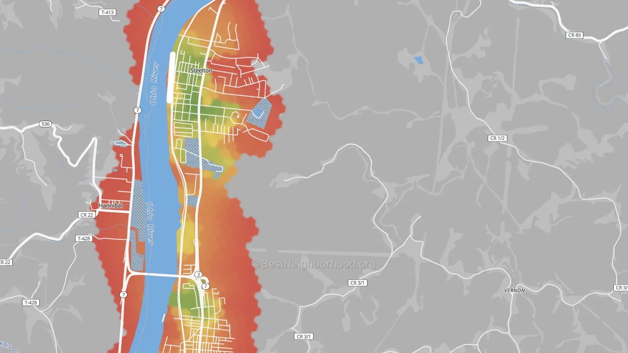 Walk Grade map of Steelton, WV, walkable areas in green and car-dependent areas in red