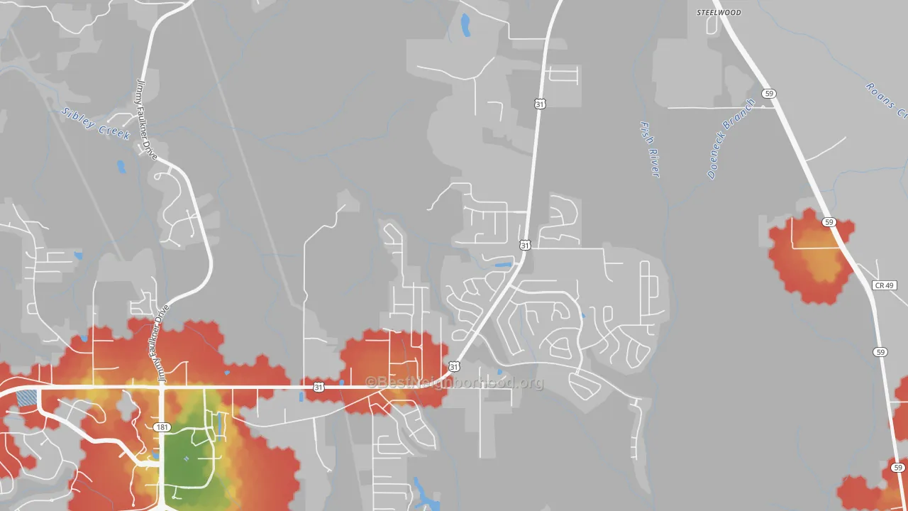 Walk Grade map of Steelwood, AL, walkable areas in green and car-dependent areas in red
