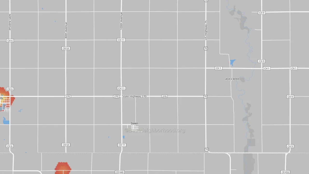 Walk Grade map of Steen, MN, walkable areas in green and car-dependent areas in red