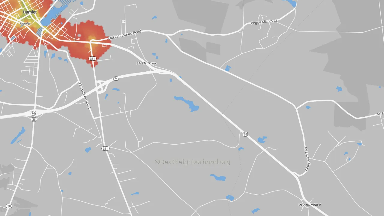 Walk Grade map of Steen Town, NC, walkable areas in green and car-dependent areas in red