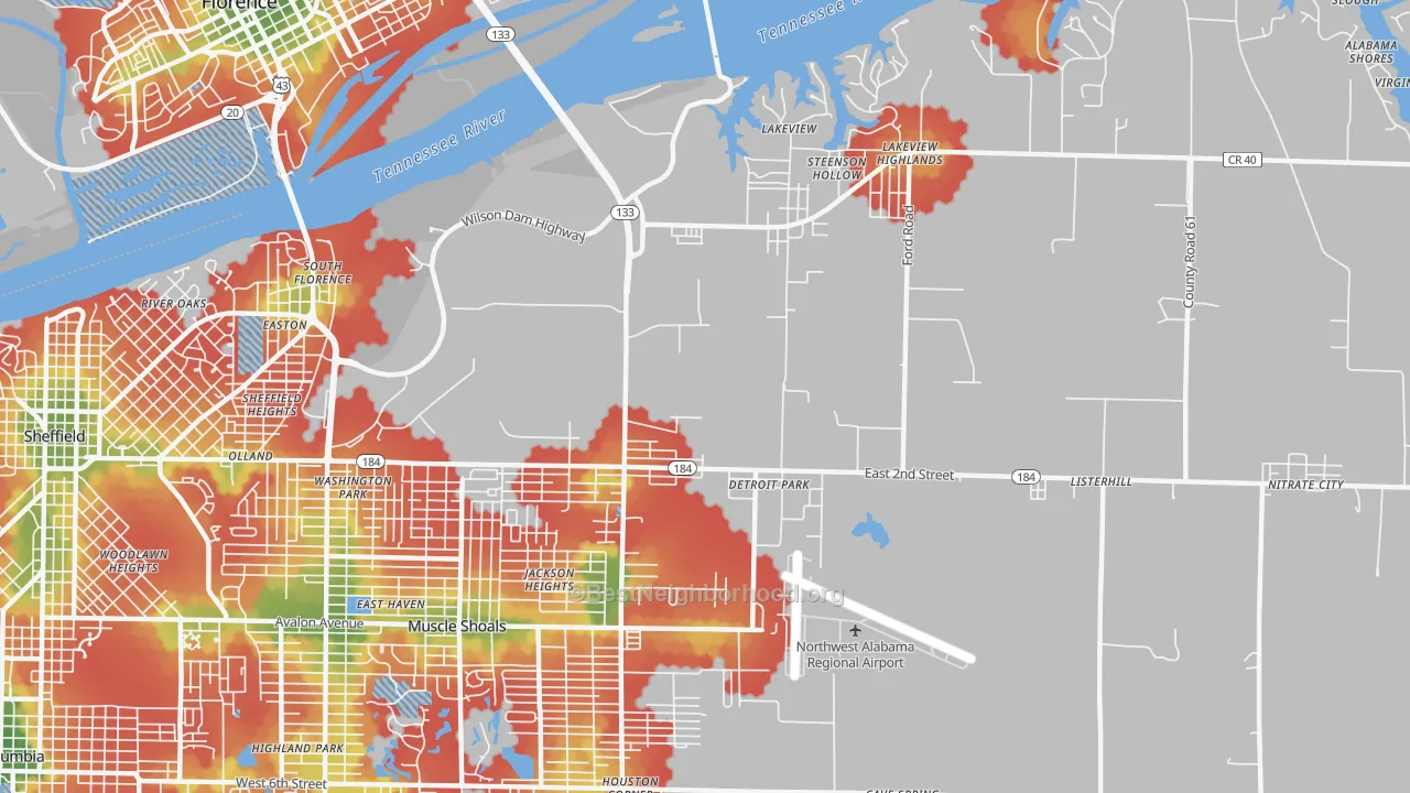 Walk Grade map of Steenson Hollow, AL, walkable areas in green and car-dependent areas in red